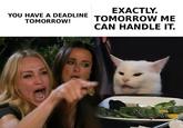 YOU HAVE A DEADLINE TOMORROW! EXACTLY. TOMORROW ME CAN HANDLE IT.