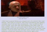 SplinteringSith.png 346 KB PNG >We had a good thing you stupid son of a bitch! We had Windu. We had a Council. We had everything the galaxy needed and it all ran like clockwork. You could've shut your mouth, won the war and destroy the dark side. It was perfect. But no, you just had to blow it up! You and your anger and lust for power! You just had to be the Jedi master. If you'd been the chosen one, known your place, balance would be restored to the force right now.