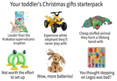 Your toddler's Christmas gifts starterpack Interactive Talking Book Louder than the Krakatoa supervolcano eruption Expensive white elephant they'll never play with Not worth the effort to set up Wow, more batteries! Cheap stuffed animal they form a lifelong bond with 123 67 You thought stepping on Legos was bad?