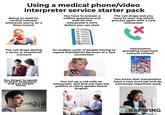 Using a medical phone/video interpreter service starter pack Being on hold for several minutes whenever you're on a time crunch You have to answer a million questions and wait for the interpreter's intro before you can start The call drops and you have to start the whole process again with a new interpreter The call drops during a tense or emotional moment An endless cycle of people having to repeat themselves because of a bad connection Interpreters providing important cultural context You forget to speak in short sentences and use simple terms You set up a call with an interpreter and find out that the patient or client speaks fluent English You know that interpreters have a very hard job and do extremely important work KAPWING