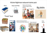 Kitchen Nightmare restaurant starter pack Owner ask for help yet Menu Head chef Mike "Fresh" food FPI IQF SALMON ES FPI 1050219 NET WT 10 Lb 4.54kg refuses to listen to Chef Ramsey Authentic (Culture) restaurant That also serves (Other culture) food. HELP Big debts DEBT Empty restaurant Great waiters alamy