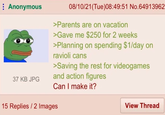 Anonymous 37 KB JPG 08/10/21(Tue)08:49:51 No.64913962 >Parents are on vacation >Gave me $250 for 2 weeks >Planning on spending $1/day on ravioli cans >Saving the rest for videogames and action figures Can I make it? 15 Replies/2 Images View Thread