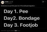 Q Cami(//**//) @tomoyafun Kinktober on ao3 this year bc of the wattpad migration Day 1. Pee Day2. Bondage Day 3. F------ 8:04 PM - Aug 18, 2026 - 220 Views