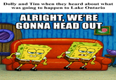 Dolly and Tim when they heard about what was going to happen to Lake Ontario ALRIGHT, WE'RE GONNA HEAD OUT TEALERS & B