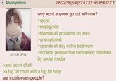 Anonymous 49 KB JPG >and worst of all 08/22/26(Sat)22:41:12 No.85402311 why wont anyone go out with me? >racist >misogynist >blames all problems on jews >unemployed >spends all day in the bedroom >societal perspective completely distorted by social media >a big fat chud with a big fat belly are incels even people?