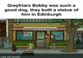 Greyfriars Bobby was such a good dog, they built a statue of him in Edinburgh made with mematic PANUCCI'S PIZZA ZZA PANUCCI'S PIZZA