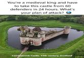 You're a medieval king and have to take this castle from 60 defenders in 24 hours. What's your plan of attack? Caerlaverock Castle, 13th century, Scotland