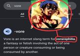 vore t All ing S -vore Vore is an internet slang term for vorarephilia, a fantasy or fetish involving the act of one person or creature consuming or being consumed by another.