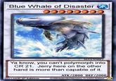 WATER Blue Whale of Disaster R BLC1-EN011 Ya know, you can't polymorph into CR 21. Jerry here on the other hand is more than capable of it. ATK/2800 DEF/2000 05614808 1st Edition 2020 Studio Dice/SHUEISHA, TV TOKYO, KONAMI