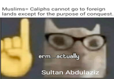 Muslims Caliphs cannot go to foreign lands except for the purpose of conquest. erm... actually Sultan Abdulaziz