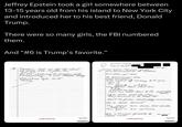Jeffrey Epstein took a girl somewhere between 13-15 years old from his island to New York City and introduced her to his best friend, Donald Trump. There were so many girls, the FBI numbered them. And ❝#6 is Trump's favorite." * Epstein took me off the stand her & flew her NY, NJ with She was introduced to as Donald Thing Money, money, it was somewhere befu 13-15 Think Hilton Head Island "Island Packet" Front pq Met Epstein through frame ratever misrepresentation of her other ppl took He blackmailed mom dont everything Mom ended up embery & to give him & she we Atkins 01 & guy Jim Epkins Dean Ohio Univ guy abused me too Used his acct Cecil to for real estate When mom said son done they turned in to Real Est books went to prison could pay restituction She & mom moved She called him once how can you help me tim fell in love w/ mon #le is Trumps favorite # don't know! FOLS DESS BLKOLD- CONFIDENTIAL 3501.045-004 Page 3 of 18 #349496073 CONFIDENTIAL 3501.045-004 Page 1 of 18 #3494960711