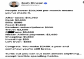 Josh Rincon ✔ @joshrinconn People swear $20,000 per month means you've made it. After taxes: $14,750 Rent: $2,695 Bills: $580 Food: $1,500 Random subscriptions: $500 Travel: $2,500 O Fans: $3,000 Nissan Altima payment: $2,450 Shopping: $1,850 Investing: $30 Left Over: -$355 Congrats. You make $240k a year and somehow you're still broke. Turns out you can out earn almost anything... except terrible spending habits.