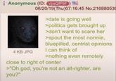 Anonymous (ID: VpsQfP9F 06/20/19(Thu)07:16:45 No.21688053 >date is going well >politics gets brought up >don't want to scare her >spout the most normie, 4 KB JPG bluepilled, centrist opinions I can think of >nothing even remotely close to right of center >"Oh god, you're not an alt-righter, are you?"