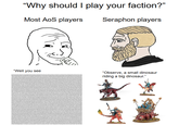 "Why should I play your faction?" Most AoS players Seraphon players "Well you see "Observe, a small dinosaur riding a big dinosaur."