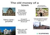 The old money of a town Prominent mausoleums Probably build the local church or donated most to it Very low- profile [Insert] Street/[Insert] Avenue Villas are still owned or turned into law offices Industrialized town or played a major role in it KAPWING