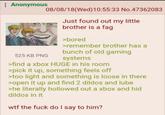 : Anonymous 525 KB PNG 08/08/18(Wed)10:55:33 No.47362083 Just found out my little brother is a f-- >bored >remember brother has a bunch of old gaming systems >find a xbox HUGE in his room >pick it up, something feels off >too light and something is loose in there >open it up and find 2 dildos and lube >he literally hollowed out a xbox and hid dildos in it w-- the f--- do I say to him?