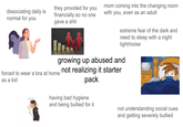 dissociating daily is normal for you they provided for you financially so no one gave a s--- mom coming into the changing room with you, even as an adult extreme fear of the dark and need to sleep with a night light/noise growing up abused and not realizing it starter pack having bad hygiene and being bullied for it not understanding social cues and getting severely bullied forced to wear a bra at home as a kid