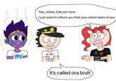 Hey Jotaro, Kakyoin here. I just want to inform you that your stand reeks of ass Girls my autism Swag It's called ora bruh I нот MOMS