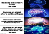 Naming an airport after the city Naming an aiport after a political figure Naming an airport after a globally known historical figure Naming an airport after someone who literally died on THAT imgflip.com Airport