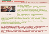 Anonymous Dems try not to lose challenge(...) 27 KB JPG 09/03/26(Thu)20:28:57 No.953400844 >be seth bodnar >be highly educated, former university head with established local ties >Run for US Senate, have an Osborn style campaign that ignores culture war s--- but is economically center to center left >Get endorsed by most influential Democrat in all of state >Consistently polls higher than the Democratic candidate >Republican candidate has less votes than Bodnar + Dems combined >PAC spends hundreds of thousands on Dem candidate hoping she'd drop out for Bodnar >Dems refuse to drop out it's actually f------ crazy how incompetent they're being. It's like they want to lose this Senate election. You have a candidate who's basically a reflection of the states demographics and polls show if the Dems dropped out he'd win. Once again they snatched defeat from the jaws of victory