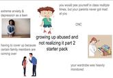 extreme anxiety & depression as a teen you would pee yourself in class multiple times, but your parents never got mad at you CNC having to cover up because certain family members are coming over growing up abused and not realizing it part 2 starter pack your wardrobe was heavily monitored