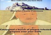 Nice settlement you have there Would be a shame if someone Catapulted a bunch of plague-infested corpses over your walls