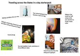 Traveling across the States in a day starterpack Waking up before the sun rises Packed a whole bag of books & stuff but didn't end up using any of them Insane jet jag Your school backpack has become a carry-on bag Sitting in the rental car half- asleep while your parents try to get a hotel room WRIGLEYS DOUBLEMINT. 15 STICKS You eat breakfast, lunch, and dinner in three different states ADELTA Kind of more fun than the thing you're going to