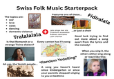 Swiss Folk Music Starterpack Features one of these... Fidiralala The topics are: • war • love ⚫ cows ⚫ dancing • domestic violence Tralalalala Jetz singe mer eis Chantons ensemble Adesso cantiamo Lain chantar Is that Romansh or a Every canton has it's song strange Ticino dialect? Ah yes, the Yenish people... ...or just a choir Good luck trying to find out more about a song apart from the lyrics and the melody! *Random Yodelling* A song you haven't heard since kindergarten or since your parents stopped singing to you at bedtime When you sing it, the others either sing along or react like this: