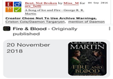 EƠ Bent, Not Broken by Miss_M for 04 Sep 2016 ars_belli !? A Song of Ice and Fire - George R. R. Martin Creator Chose Not To Use Archive Warnings, Criston Cole/Daemon Targaryen, mention of Daemon FIRE AND BLOOD Fire & Blood > Originally published 20 November GEORGE KK MARTIN 2018 FIRE AND BLOOD THE INSPIRATION AND THE RES LINICE OF DRACONI