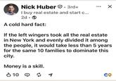 Nick Huber • 3rd+ I buy real estate and start c... 2d • A cold hard fact: If the left wingers took all the real estate in New York and evenly divided it among the people, it would take less than 5 years for the same 10 families to dominate this city. Money is a skill. ↓ 10