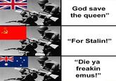 NV K God save the queen" "For Stalin!" "Die ya freakin emus!"
