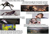 always looks like this s--- strong enough to humilate armed men but cant fight a regular family of 5 called the perfect predator but lacks basic sensories that animals evolved countless times Bat sonar Returning sound waves never evolves echolocation or thermal sensing despite being blind or deaf for some reason. very exploitable weaknesses the creators are deprived of any creativity can cause a whole apocalypse despite having exploitatable weaknesses and poor battles iq