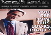Trump gave $45,000 cash gifts to Natalie Harp, two other close aides Financial disclosures released by the administration show the sums were equivalent to nearly one-third of each of their salaries. YOU SEE HOW THIS LOOKS RIGHT?