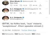 Elon Musk @elonmusk. 1h Sus man 10.5K 10.7K 86.3K A.J. Delgado ❤ @AJDelgado13.1h It is indeed 'sus'. 25 274 377 A.J. Delgado @AJDelgado13 (BTW, to folks lost, 'sus' means 'suspicious'. Elon speaks street.) 12:32 PM 5/20/22 Twitter Web App 93 Retweets 152 Quote Tweets 961 Likes ...