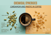 GREEN CARDAMOM CHEMICAL SYNERGIES CARDAMOM AND MASTIC IN COFFEE 1,8-Cineole (eucalyptol): 35–50% →Cooling, camphoraceous op note a-Terpinyl acetate: 15- 25% Sweet, floral, citrusy mid note EFFECT IN COFFEE: Alters the overall sentery perception of bitterness without added sweetness. 1,8-Cineole provides a cooling lift. EFFECT IN COFFEE: Resinous volatile compounds transfer through pounding (dibek) and hot water contact. It adds a COMPLEXITY layer, not bitterness reduction. MASTIC a-Pinene: -70-80% →> Piney, fresh, resinous coffeeteajournal