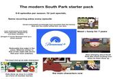 The modern South Park starter pack 5-6 episodes per season. Or just specials. Same recurring jokes every episode Social commentary increasingly more prevalent than the humour. Matt and Trey visibly huffing their own farts. Less randomness and stand- alone episodes. Replaced by one linear storyline. (Imagine if mecha Streisand took up a whole season) Noticeably less edge in the jokes. Material similar to that of late night talk shows that your mom watches. Paramount+ The boys end up as side characters Only show up once in a while as a form of member berries Purple TEGRIDY FARMS TEGRIDY FA Weed = funny for 7 years the main characters now Yeah, everyone knows it. South Park sucks now. Stan whinging about South Park (the town) sucking now when he does show up