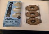DRUMROLL Vanilla 4g PREBIOTIC FIBER Glazed Donuts 19 10, 190 PROTEIN CALORIES SUGAR PERISHABLE. KEEP RETED. 26-1 NET WT 2.6 OZ (759) BEST 12/12