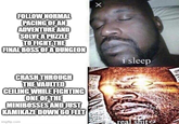 FOLLOW NORMAL PACING OF AN ADVENTURE AND SOLVE A PUZZLE TO FIGHT THE FINAL BOSS OF A DUNGEON × CRASH THROUGH THE VAULTED CEILING WHILE FIGHTING ONE OF THE MINIBOSSES AND JUST KAMIKAZE DOWN GO FEET imgflip.com i sleep real s---