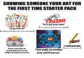 SHOWING SOMEONE YOUR ART FOR THE FIRST TIME STARTER PACK "Can you draw me?" ८ [no figure drawings were even showcased] TALENT "You've got great talent" [it's years of practice not talent)] ASSUMPTIONS Al Assumes random object has personal significance to me even though it was only drawn as practice "I hear people can somehow draw with Al now too" alamy "I could draw that" [they have 0 art experience]