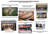 (my) first week of university canadian edition starterpack (idk if it's any different from the us) struggling to find your classes on the big ass campus 300 people in one class (half will stop showing in october) the professor usually just goes over the syllabus and introduces themselves on a powerpoint slide every building is absolutely packed people are somehow studying on the first day UNIVERSITY BOOKSTORE recent high school grads taking up half the hallwayr Eglinton W HybridElectric 61 NORTH MaD hicken another long line here tuition reminders stressing you out long line here for textbooks drive home takes nearly an hour because you're commuting realization dawns on you that is gonna be your life for 4 years