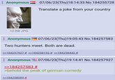 : Anonymous 12 KB JPG 07/06/23(Thu)18:14:33 No.184255728 Translate a joke from your country Anonymous 07/06/23(Thu)19:05:43 No.184257583 Two hunters meet. Both are dead. >>184257927 # >>184258192 # >>184258442 # : Anonymous >>184257583 # 07/06/23(Thu)19:14:41 No.184257927 >behold the peak of german comedy >>184258089 #
