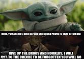 MINE, YOU ARE NOT, DIED BEFORE SHE COULD PROVE IT, THAT BITCH DID GIVE UP THE DRUGS AND HOOKERS, I WILL NOT TO THE CRECHE TO BE FORGOTTEN YOU WILL GO imgflip.com