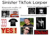 Sinister TikTok Larper Either far-right or nihilist Reposts edits of degenerates NO LIVES 333 YES! MATTER Obsessed with looksmaxxing and frame Wicked