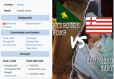 Location Bengal Result Mughal victory Belligerents East India Mughal Empire Company Commanders and leaders Josiah Child Thomas Pitt Job Charnock Total: 3,300 • Including 150 Portuguese, 600 Bengali Aurangzeb Shaista Khan Daud Khan Panni Yakut Khan Strength Total: 980,000 • ~500,000 professional army ~400,000 militia HYDROGEN BOMB VS COUGHING BABY mercenaries