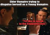 Elder Vampire trying to disguise herself as a Young Vampire: imgflip.com "I'd like to speak to the Cappadocians"