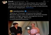 Sarah @regalreads • 8h George R.R. Martin is also there. It's a shame the camera didn't pan to him instead. Would rather see someone who actually understands Daenerys Targaryen. #Emmys westerosies @westerosies • 8h 'Game of Thrones' showrunner David Benioff was in the audience as Emilia Clarke spoke in High Valyrian alongside Emma D'Arcy on stage. #Emmys x.com/westerosies/st... 0:04 IS LIVE