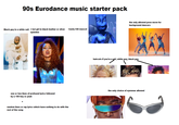 90s Eurodance music starter pack Black guy in a white suit + hot girl in black leather or silver spandex +early CGI mascot one or two lines of profound lyrics followed by a 100 hey or yeah random lines or rap lyrics which have nothing to do with the rest of the song the only allowed pose move for background dancers haircuts if you're a girl, white guy, black guy the only choice of eyewear allowed