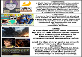 SCA Unfiltered is/ Hell Bravest brigader Award Not Salty award BIRTHS WARHAMMER and here's your equal attention cake, space n STARCRAFT EXPANSION SET BROOD WAR Terminids: a PvE faction doomed to be under the foot of one of the Whiniest fandoms in gaming demanding every single mildly-difficult enemy get Nerfed into Oblivion. so they can have their power-fantasy, and a nuisance-enemy in lore. Tyranids: A scary faction doomed to playing 2nd fiddle to the Imperium of Man, a plot-device, whose main fleet will come "any day now" (which will probably be wiped out by the Necrons). doomed to lose. Zerg: A Faction played and adored by 1/3 of the Playerbase, some of the strongest players in Epsports history, and overpowered gameplay-wise and in the story, gets as much attention as the human faction, and Zerg actually WIN. in the story, constantly defeating humanity and the protoss. Humanity is always losing.