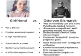 Girlfriend VS Has 2 breasts • Provides emotional support • Is high maintenance ⚫ Stands out in a crowd Destroys your bank account Is difficult to replace if lost @bismarckisbacka Otto von Bismarck -Has an incredibly cool and iconic Pickelhaube (spiked helmet). ⚫ -Possesses a magnificent, well- groomed military mustache. United divided German states into an Empire . . . . Pioneered 'Realpolitik' based on pragmatic goals Used 'Blood and Iron' strategy for unification Known for masterful diplomatic time management Oversaw Berlin Congress as 'Honest Broker'