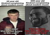 60 year old Kindred complaining about modern music 600 year old Kindred complaining about modern music "Rap? EDM? Who the hell listens to this crap?!" imgflip.com "Any musician after born after 1581 is a soulless hack"